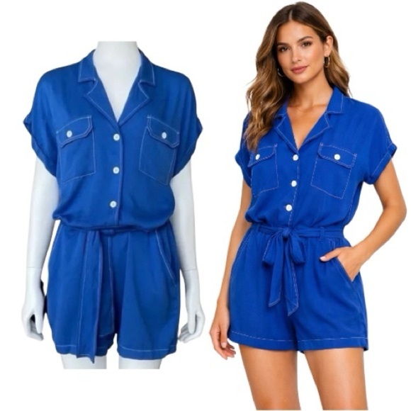 Karina Grimaldi Pants - Karina Grimaldi Tencel Button Up Tie Waist Romper Jumpsuit - Blue - Size 4